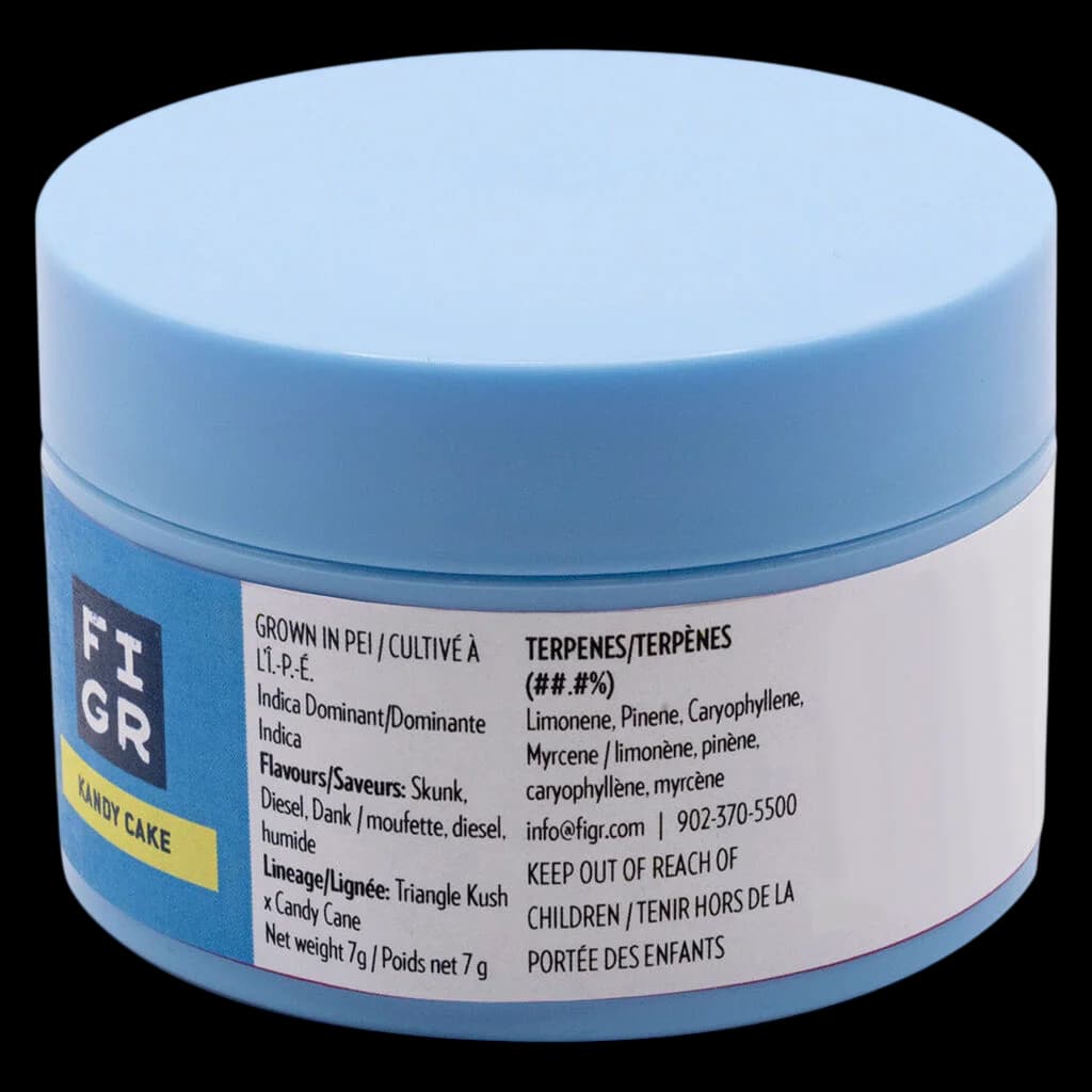 FIGR Kandy Cake 7g cannabis dried flower in light blue jar with label showing indica dominant strain and terpene profile