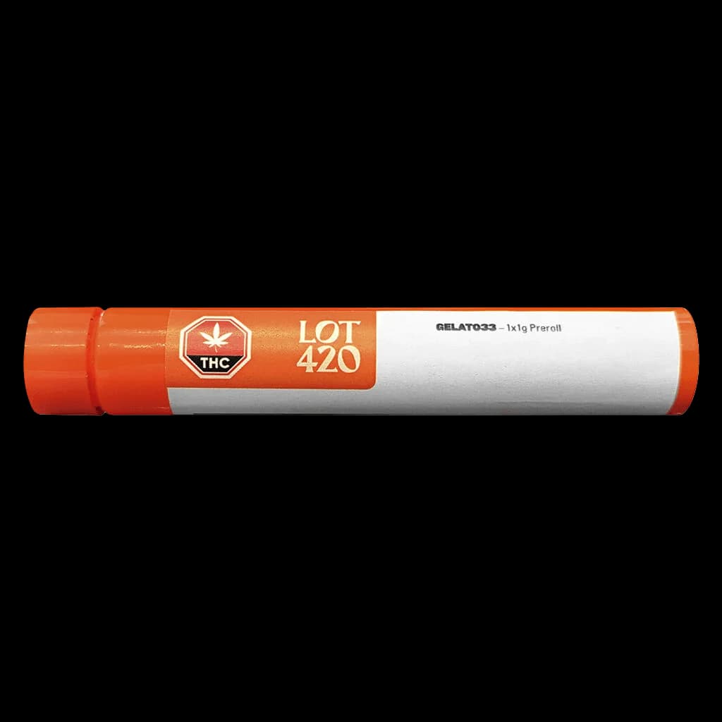 Lot 420 Gelato33 1x1g pre-roll in orange tube with THC symbol and white label