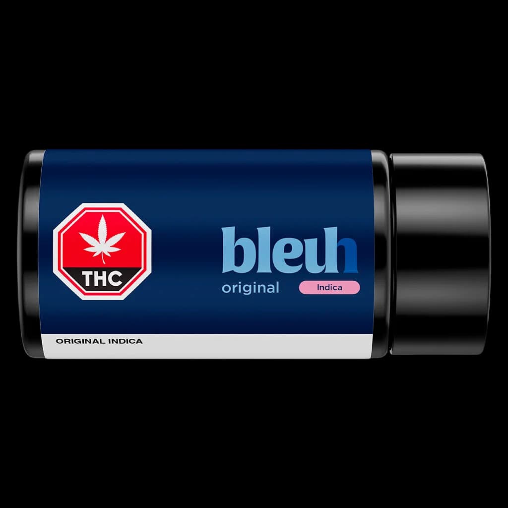 Emballage de pré-roulé Indica original de Bleuh avec symbole d'avertissement THC rouge sur tube cylindrique bleu foncé