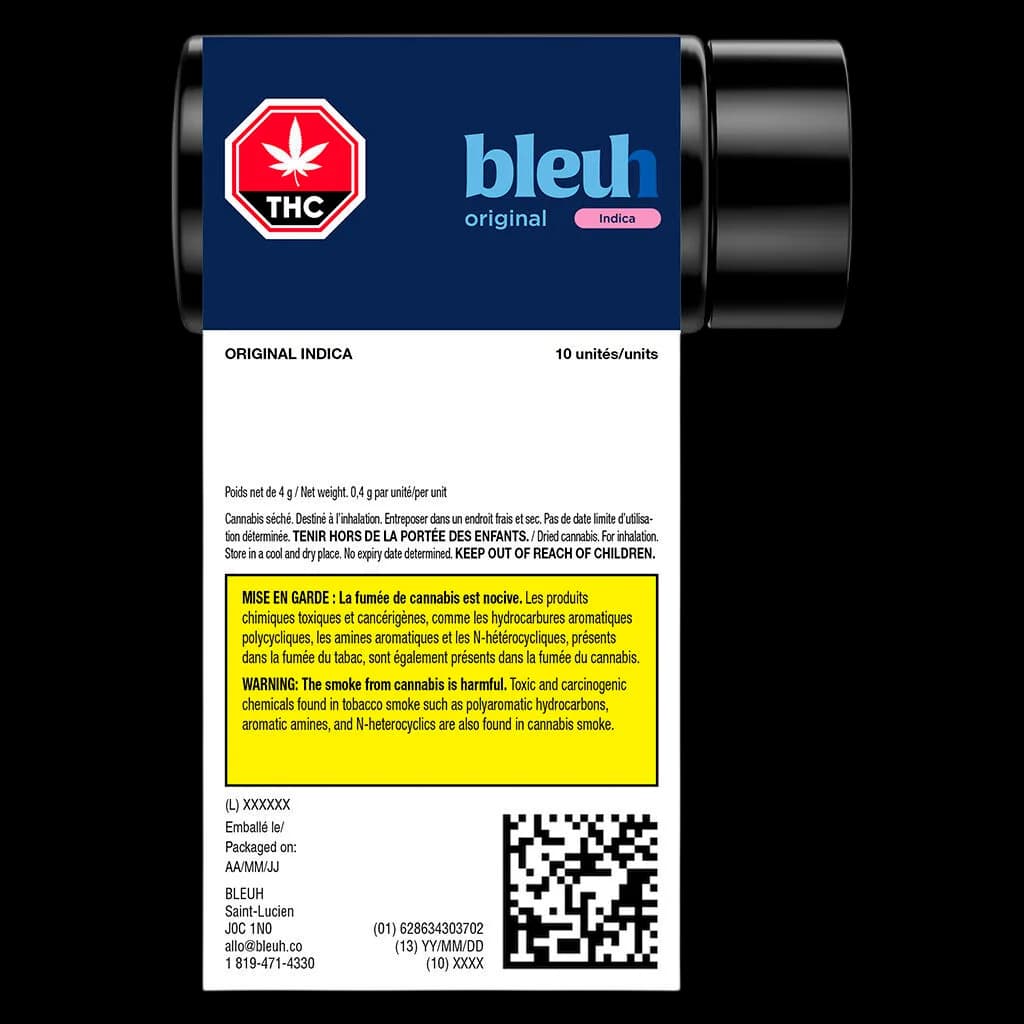 Pré-roulés indica original Bleuh en paquet de 10 avec symbole d'avertissement THC sur emballage bleu foncé