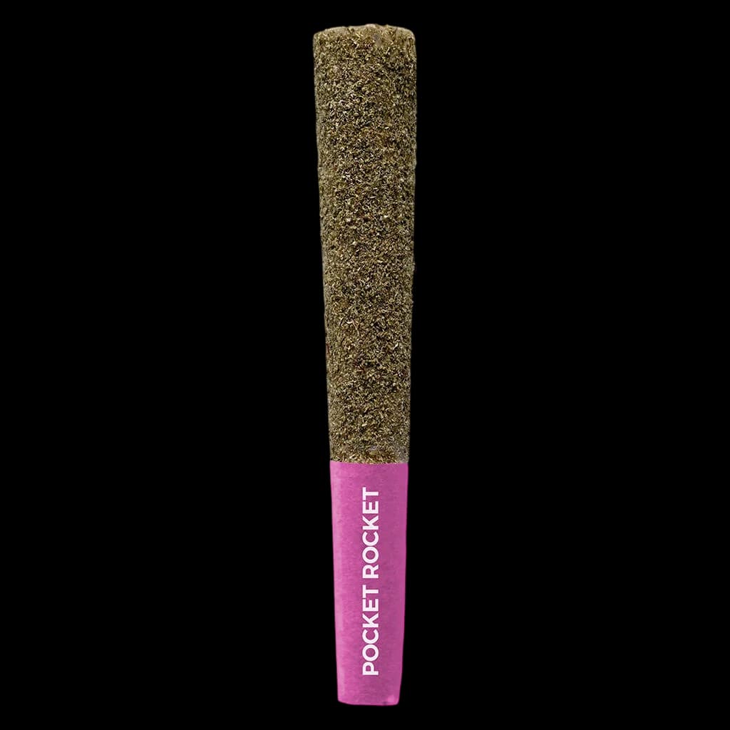 Pré-roulé infusé Pocket Rocket Redline avec bande rose et extérieur en fleur de cannabis