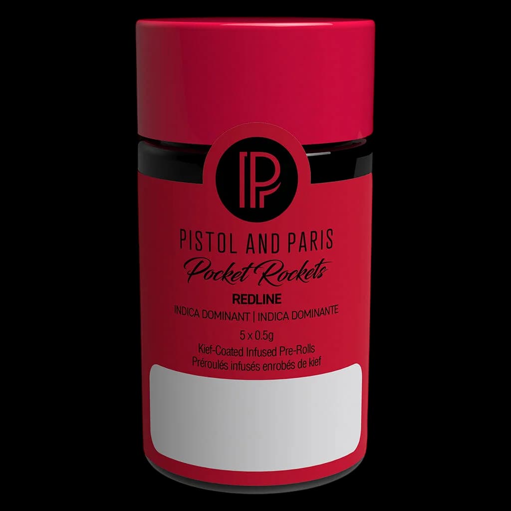 Pistol and Paris Pocket Rockets Redline kief-coated infused pre-rolls, 5 x 0.5g pack, indica dominant cannabis pre-roll package