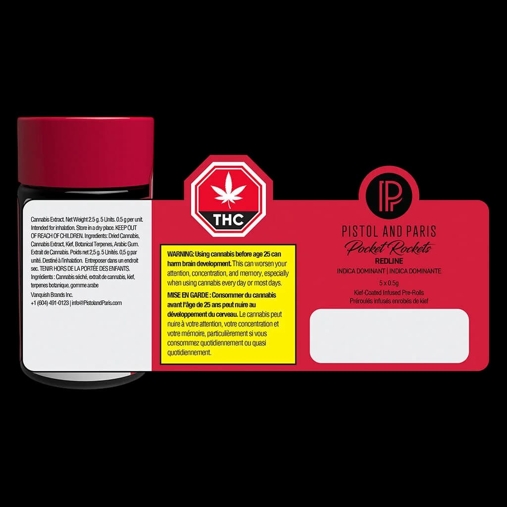 Paquet de 5 x 0,5 g de pré-roulés infusés enrobés de kief Pocket Rockets Redline de Pistol and Paris, avec emballage rouge, symbole d'avertissement THC et étiquette d'avertissement de Santé Canada
