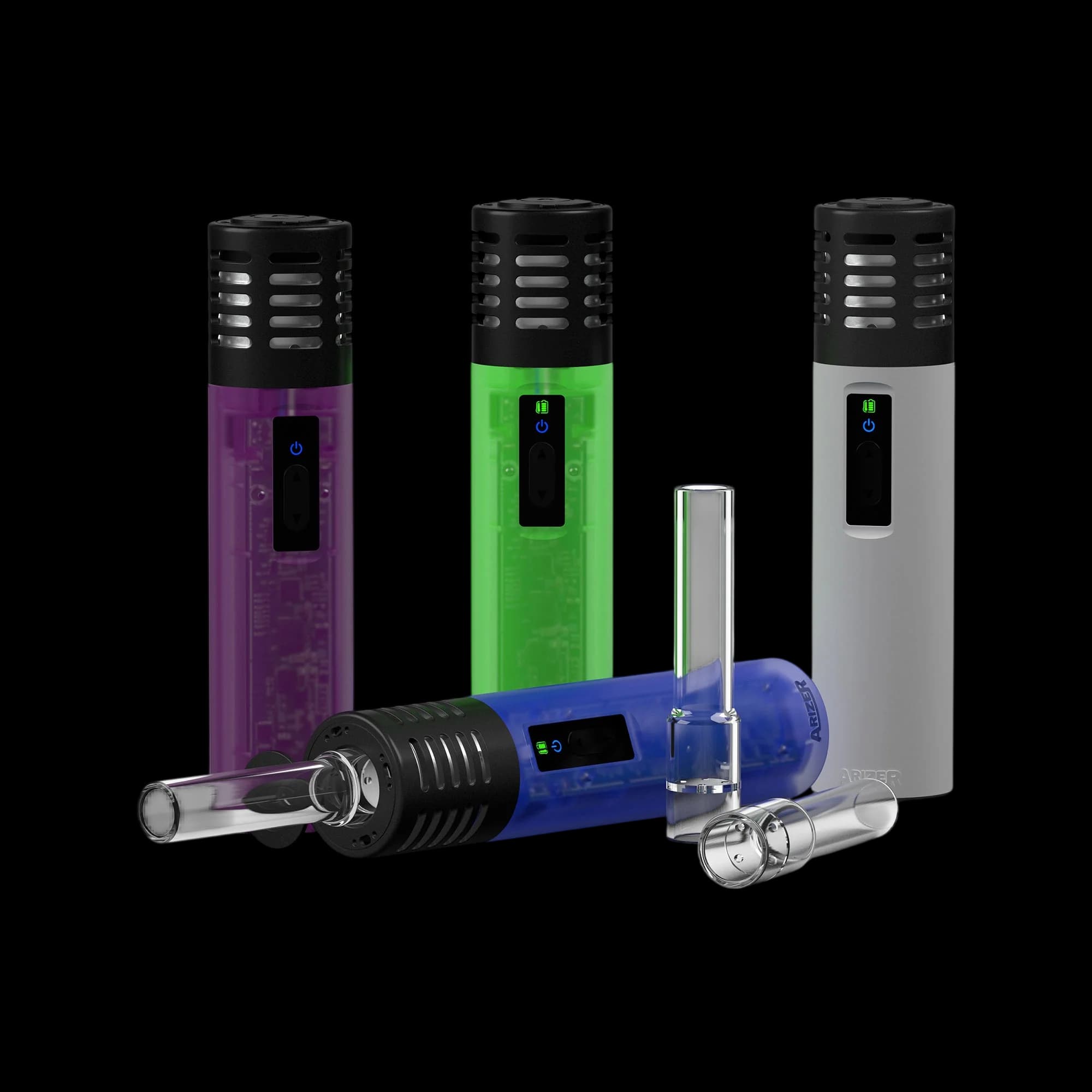Arizer Air SE vaporizer collection in purple, green, blue, and gray with accessories including glass stems and screens