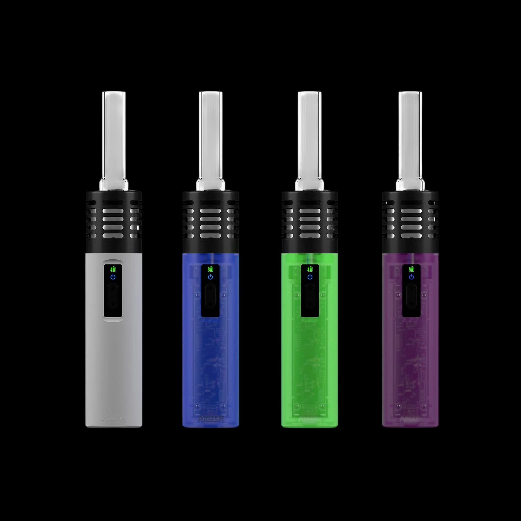 Arizer Air SE vaporizers in four colors: white, blue, green, and purple, each with glass stem attachment and digital display