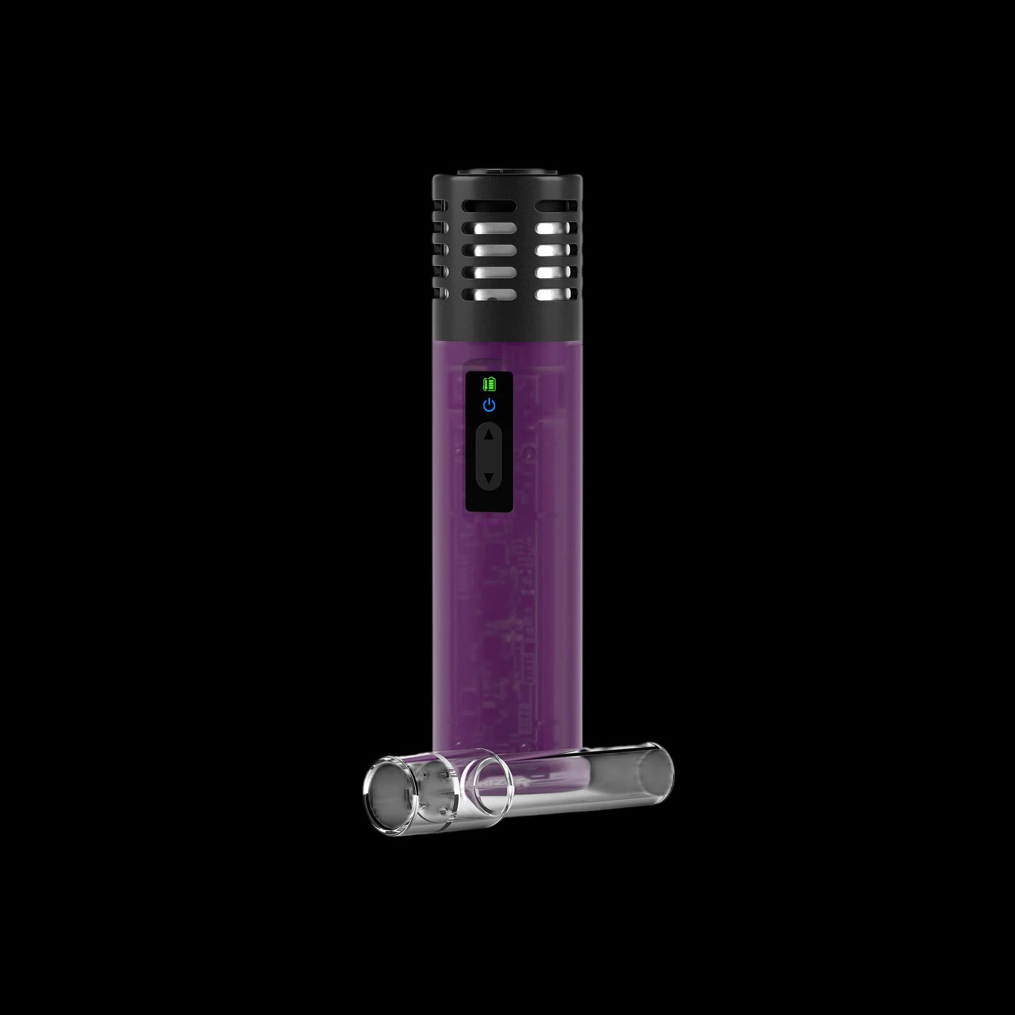Arizer Air SE vaporizer in blue haze with black top cap and digital display, shown with glass stem attachment