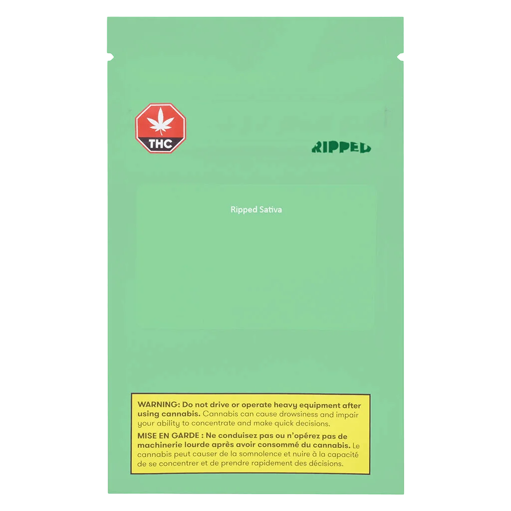 Ripped Sativa cannabis dried flower package with green pouch, red THC warning symbol, and yellow Health Canada warning label