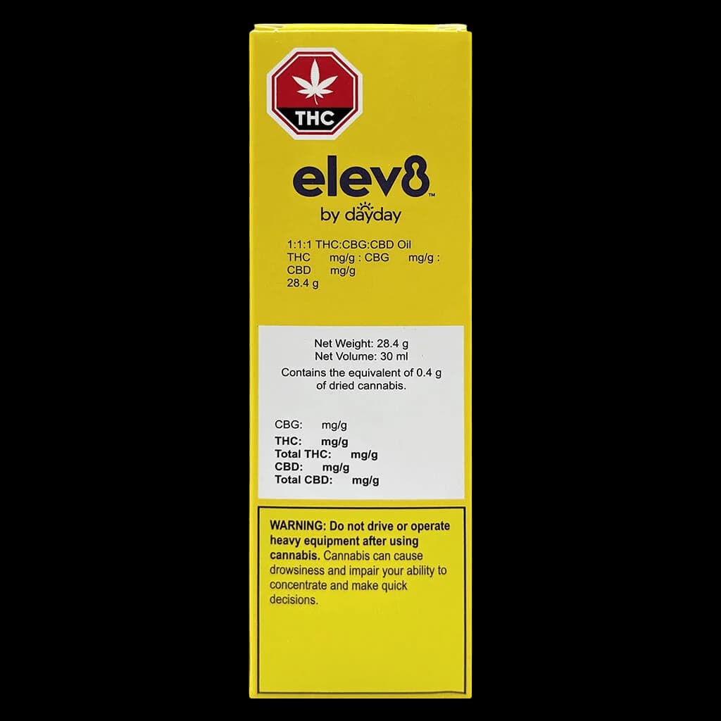 elev8 by DayDay 1:1:1 THC:CBG:CBD Oil 28.4g package front with yellow background, THC warning symbol, and potency information