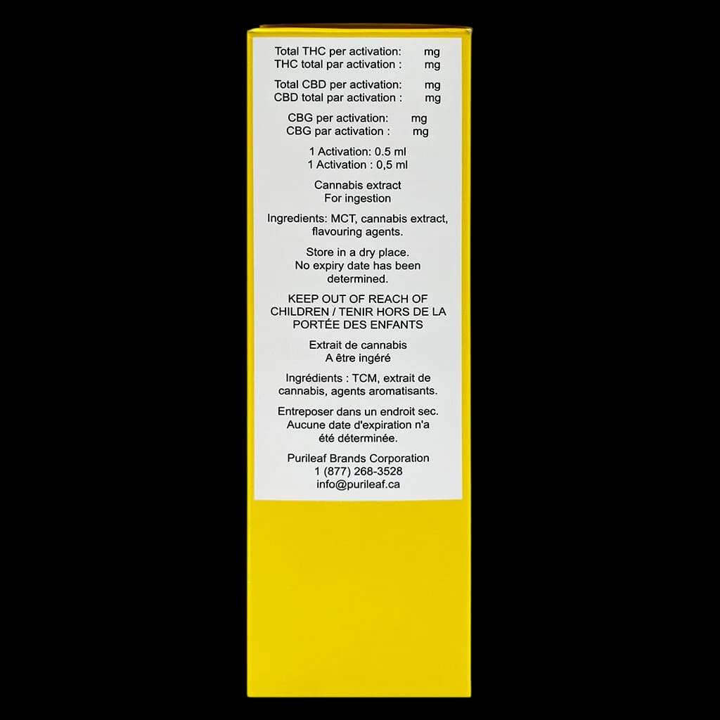 elev8 by DayDay 1:1:1 THC:CBG:CBD cannabis extract oil label showing potency per 0.5ml activation, ingredients, and storage instructions