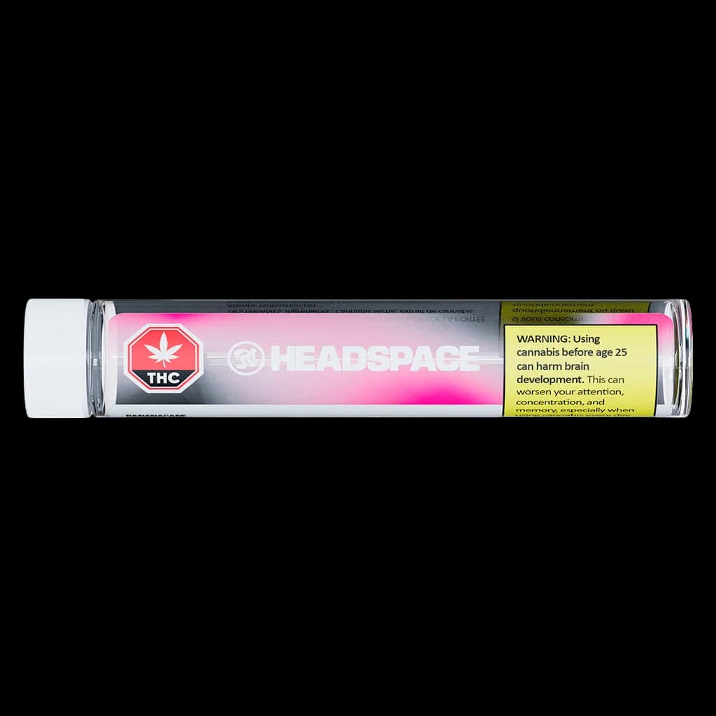 Headspace Bananacane Diamond Infused Pre-Roll with pink gradient packaging, THC warning label, and yellow health Canada warning label visible