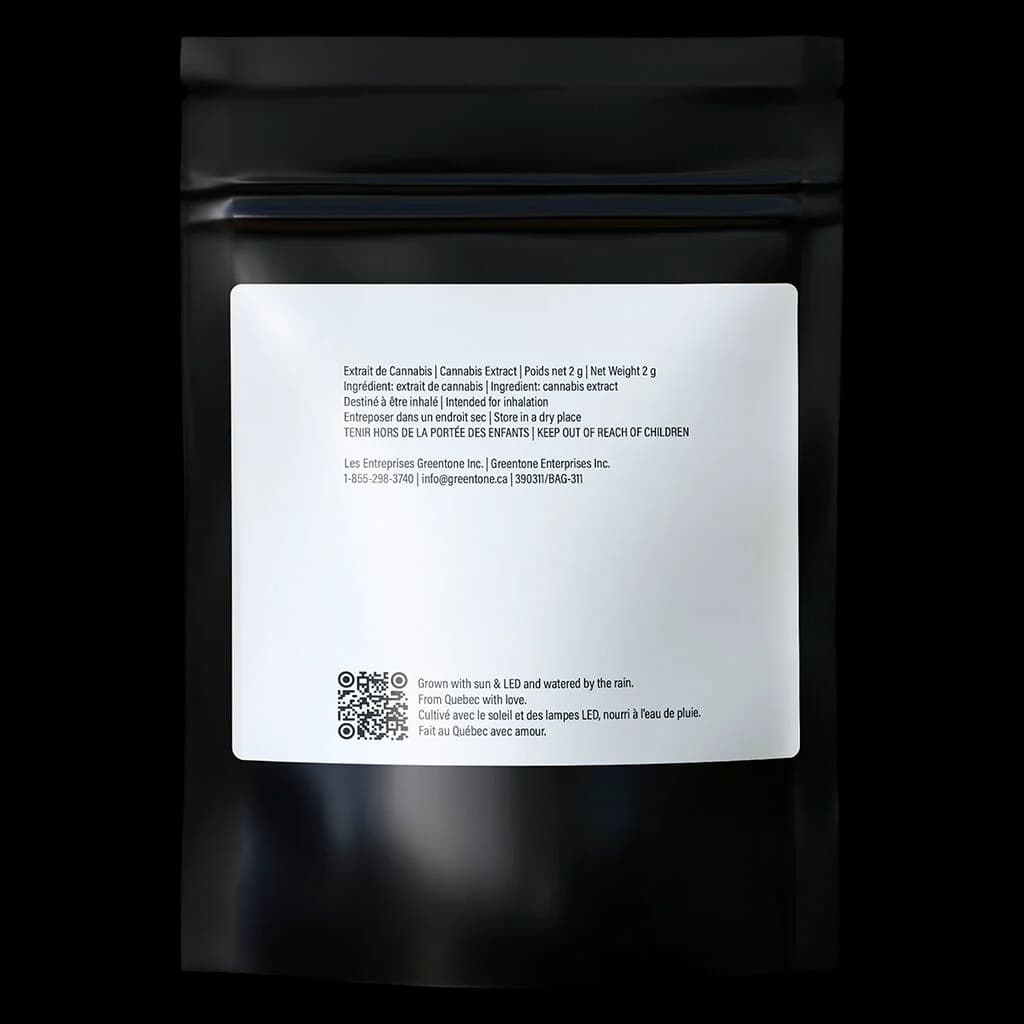 Greentone Enterprises cannabis extract 2g pouch, black packaging with white label showing bilingual product information and QR code