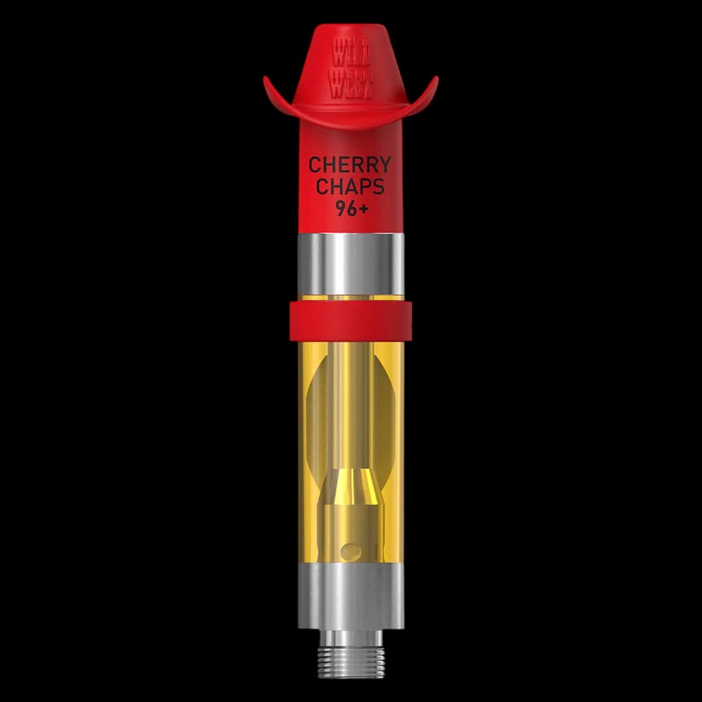 Cartouche de vapotage à filetage 510 Wild West Cherry Chaps 96+ Liquid Diamonds, avec bouchon chapeau de cowboy rouge et réservoir d'huile doré