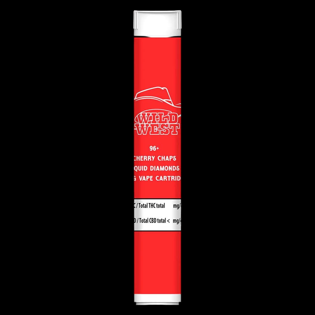 Wild West Cherry Chaps Liquid Diamonds cannabis vape cartridge, 96+ THC, 510 thread with red packaging