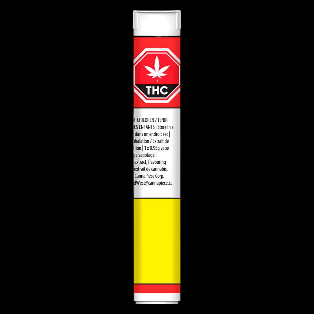 Cartouche de vapotage de cannabis Wild West 96+ Cherry Chaps Liquid Diamonds, emballage rouge et jaune avec symbole THC
