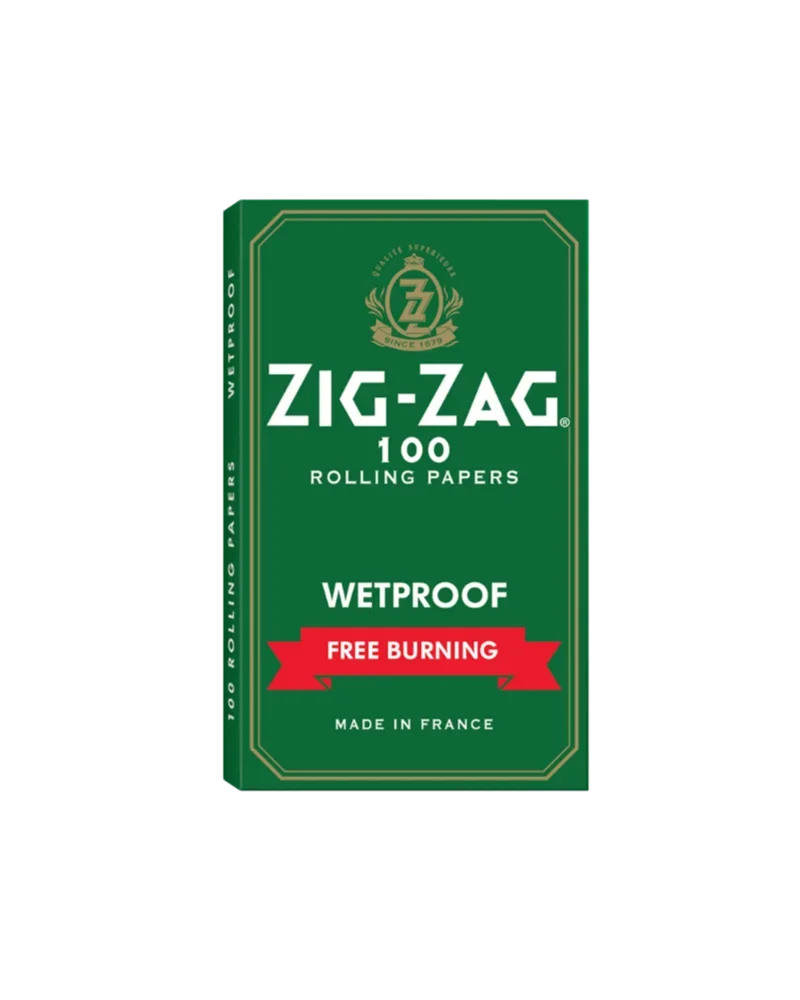 Zig-Zag 100 Rolling Papers, green package with wetproof and free burning features, made in France