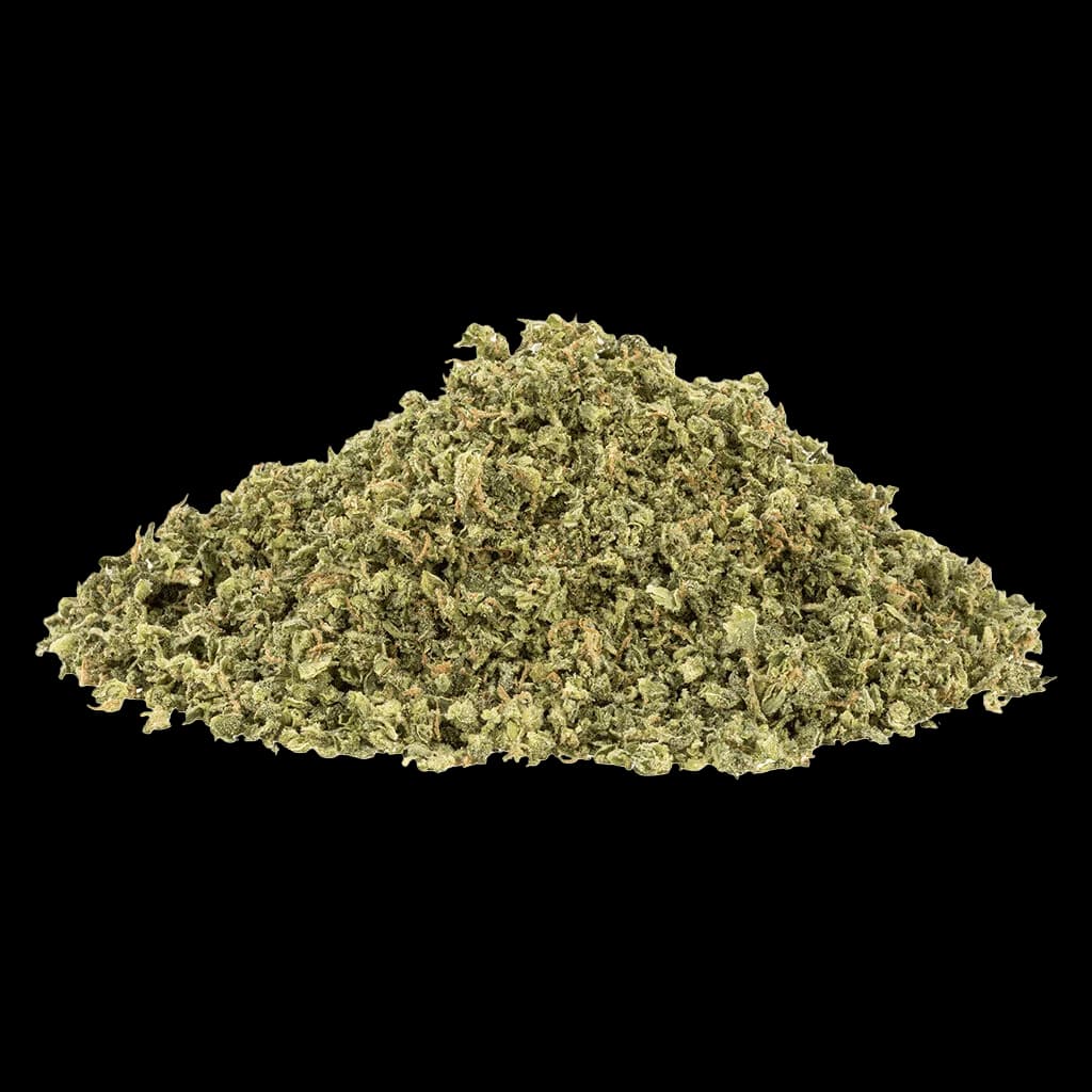 SHRED OG Rootbeer cannabis dried flower with dense green buds and amber trichomes