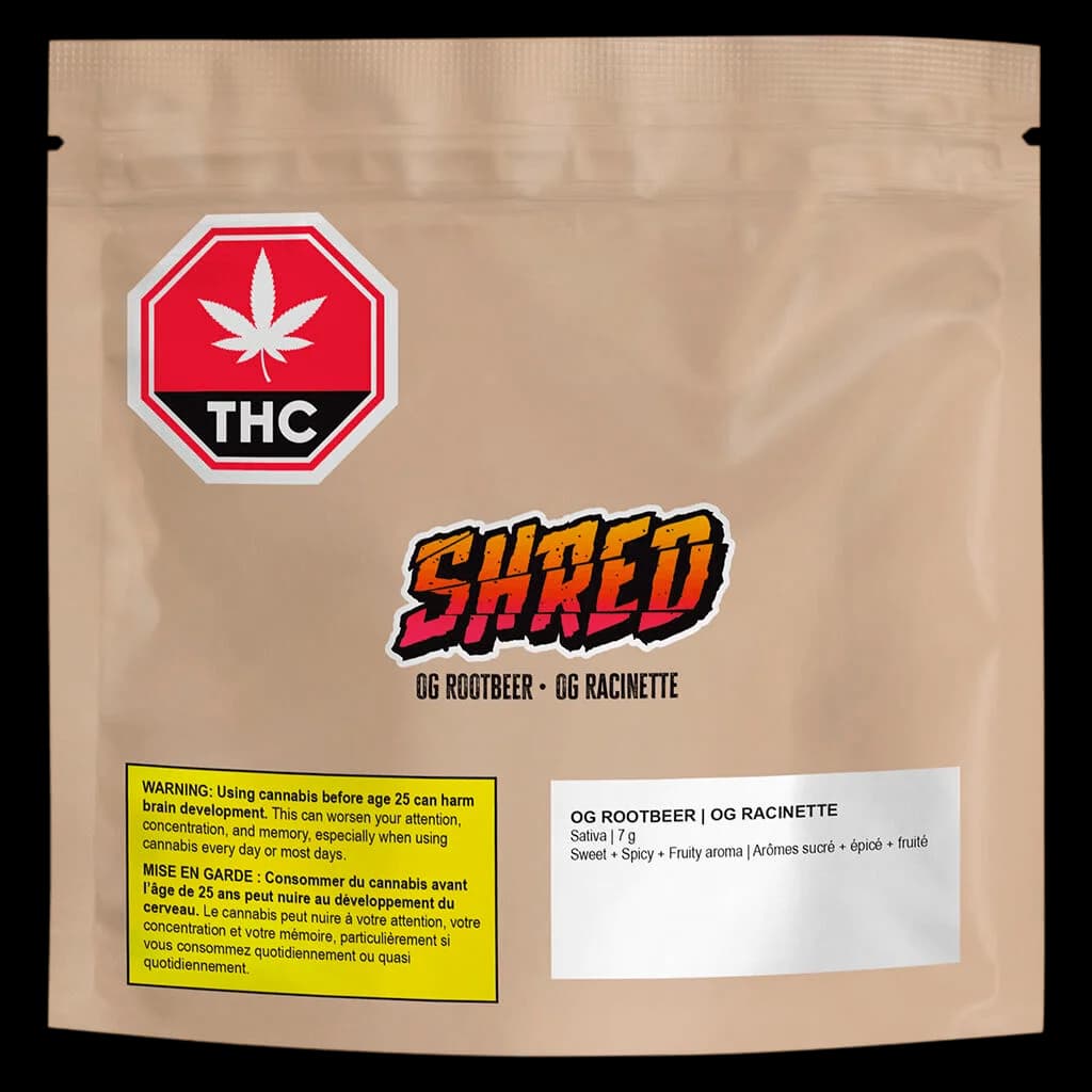 SHRED OG Rootbeer 7g dried flower package with THC warning label and yellow health Canada advisory