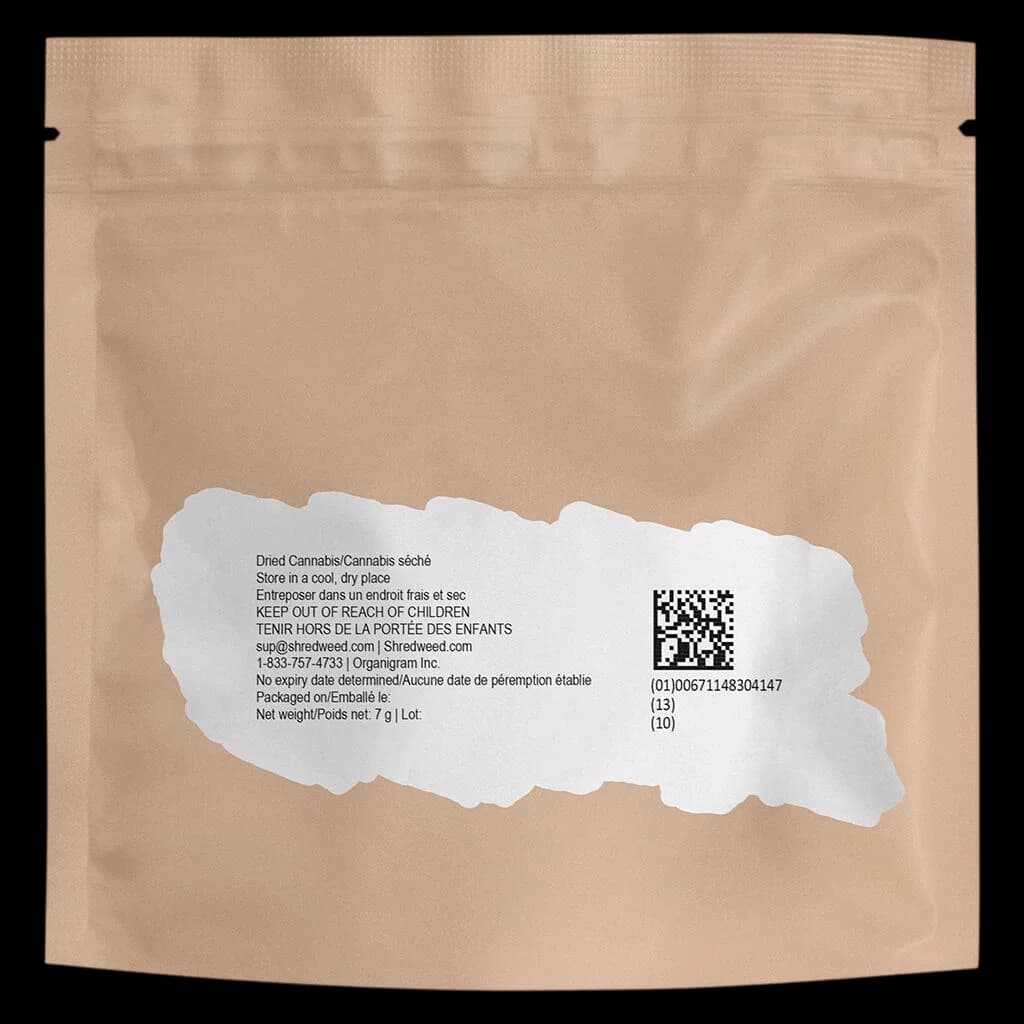 SHRED OG Rootbeer 7g dried flower cannabis pouch with white label and QR code