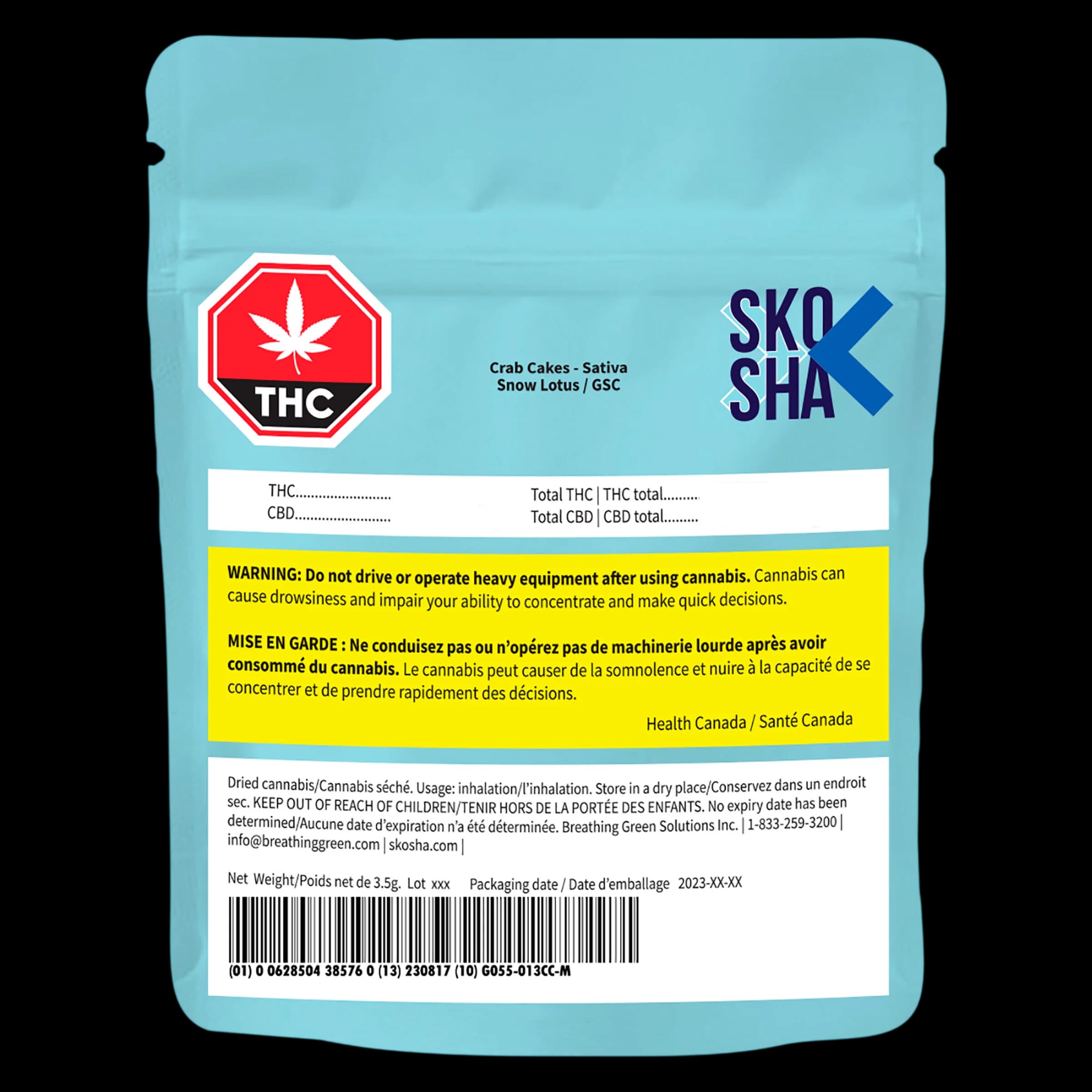 Skosha Crab Cakes Sativa dried cannabis flower 3.5g package with THC warning symbol and Health Canada safety label on light blue pouch