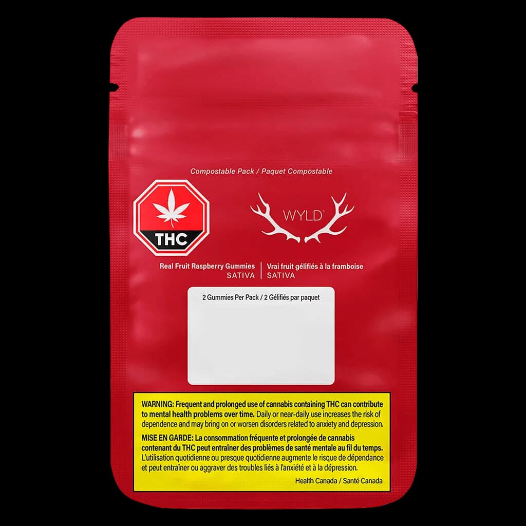 Wyld Real Fruit Raspberry Gummies 2-pack, sativa cannabis edibles in red compostable packaging with THC symbol and Health Canada warning label