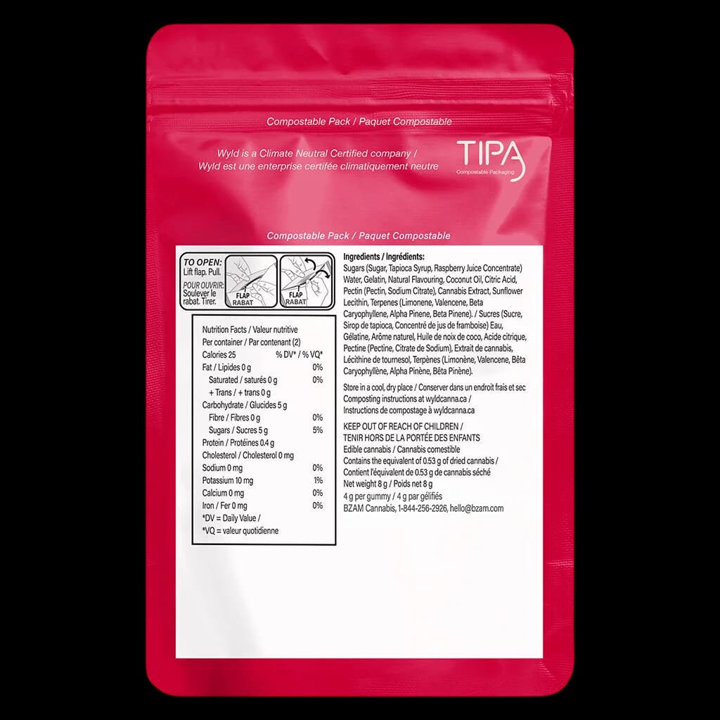 Wyld Real Fruit Raspberry Gummies 8g package back label showing nutrition facts, ingredients, and cannabis content of 0.53g dried cannabis per gummy