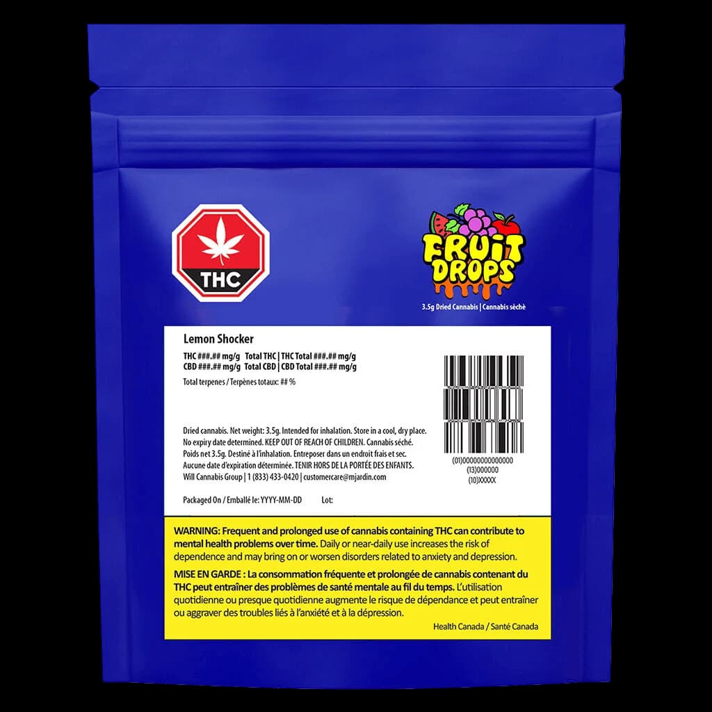 Fruit Drops Lemon Shocker 3.5g dried cannabis flower pouch, blue packaging with THC warning symbol and Health Canada label