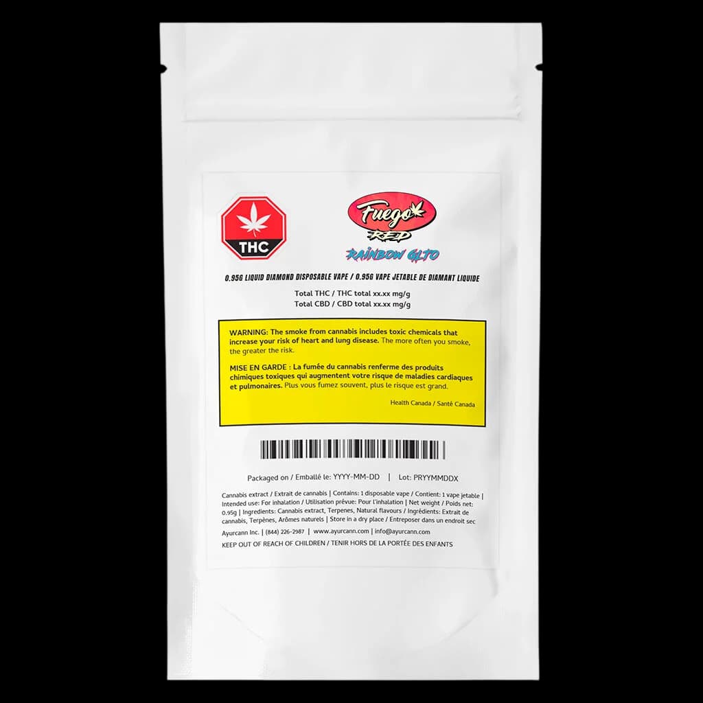 Fuego Rainbow 4170 0.55g Liquid Diamond disposable vape cartridge package front with THC warning symbol and Health Canada warning label