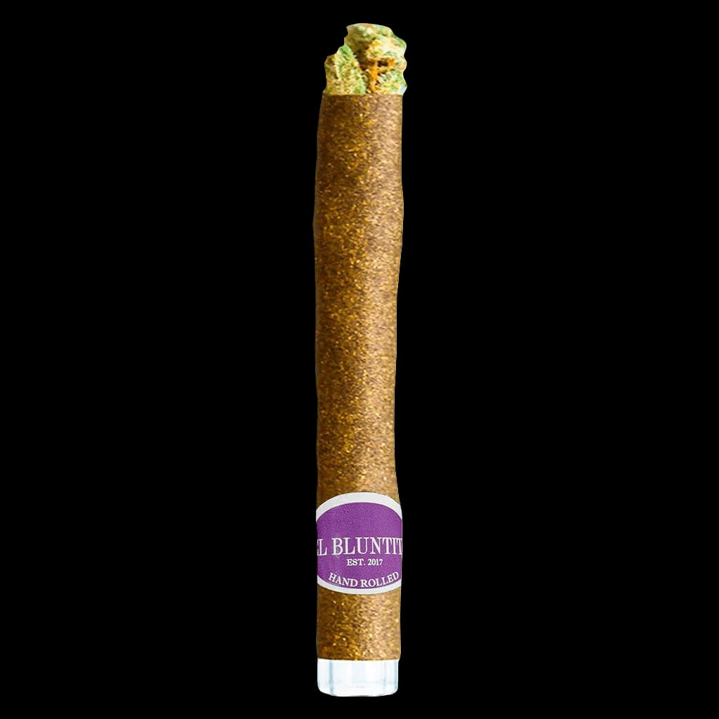 El Bluntito hand-rolled cannabis pre-roll with diamond infused flower and purple band label