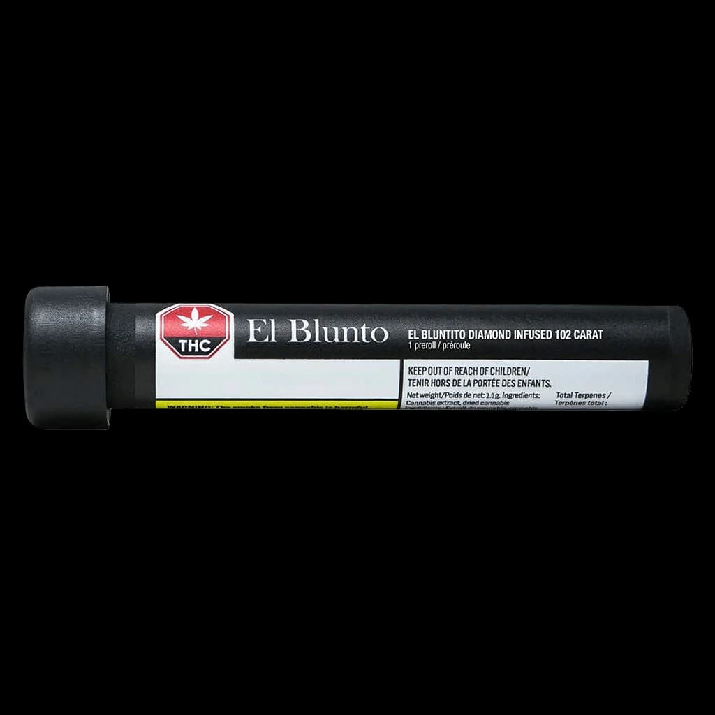 El Bluntito Diamond Infused 102 Carat pre-roll in black tube packaging with red THC logo and product label