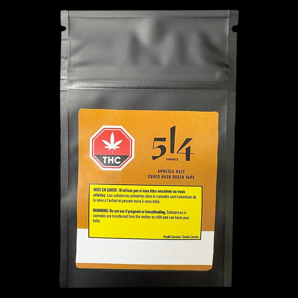 514 Cannabis Amnesia Haze cured hash rosin vape cartridge in sealed pouch with yellow Health Canada warning label