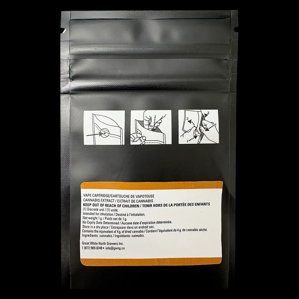 514 Cannabis Villeray Vape Biscotti Cured Rosin 1g cannabis vape cartridge in black pouch with orange label and usage instructions