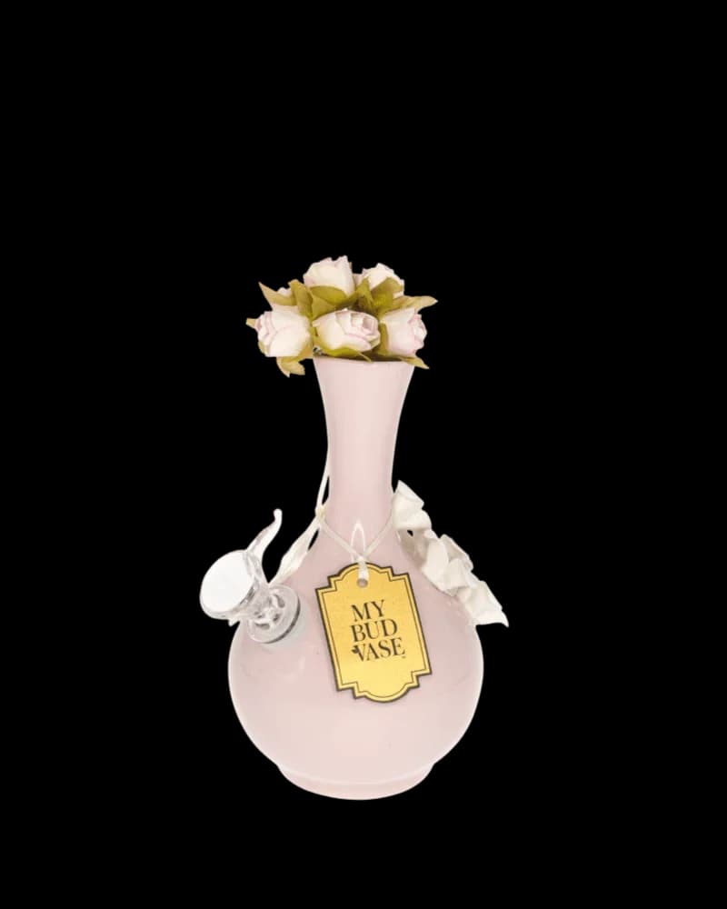 Bong en verre rose My Bud Vase Friends Rachel avec fleurs décoratives et étiquette jaune