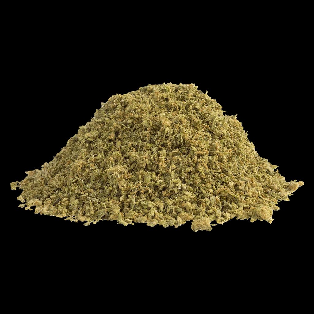 Fleur de cannabis séchée Flower Power de SHRED, texture finement moulue de couleur vert doré