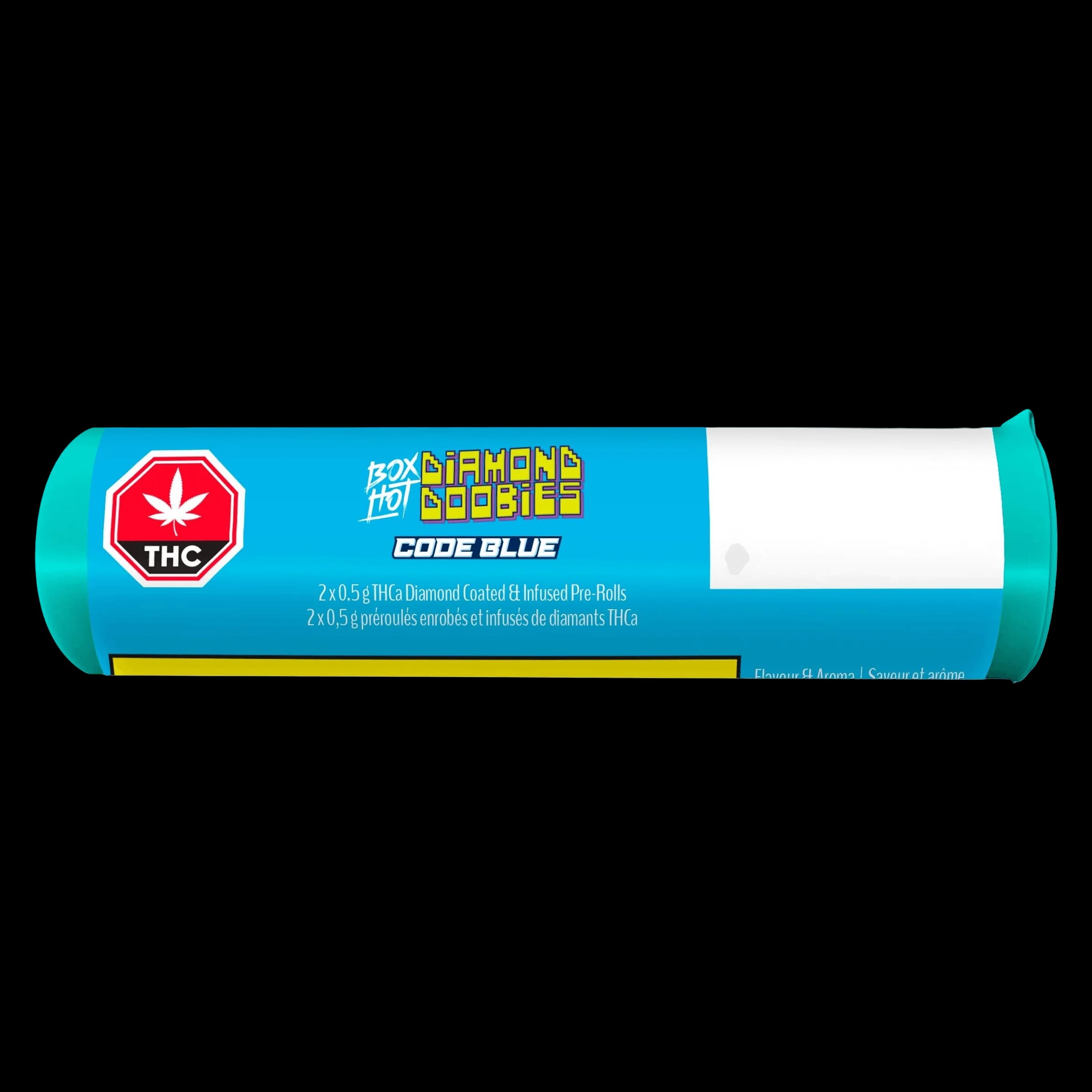 BOXHOT Diamond Doobies Code Blue 2x0.5g THCa diamond coated infused pre-rolls in turquoise tube packaging