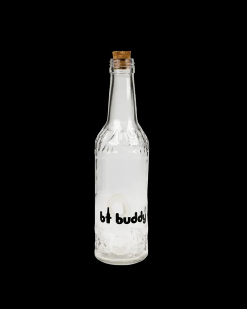 BT Buddy glass toke bottle with cork stopper, clear glass smoking accessory