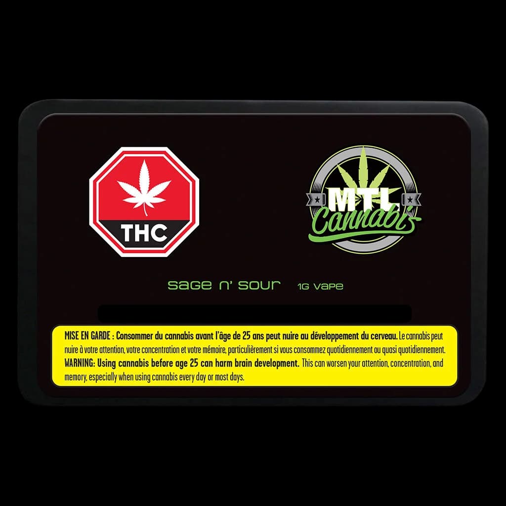 Cartouche de vapotage MTL Cannabis Sage n' Sour de 1 g avec symbole d'avertissement THC rouge et étiquette d'avertissement jaune de Santé Canada sur emballage noir