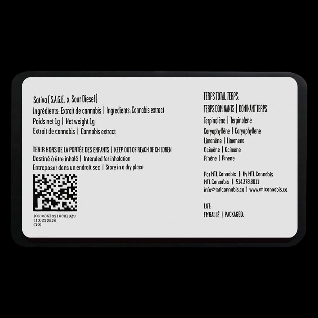 Étiquette arrière d'une cartouche d'extrait de cannabis MTL Cannabis Sativa S.A.G.E. x Sour Diesel 1g affichant les ingrédients, le profil de terpènes et les informations réglementaires