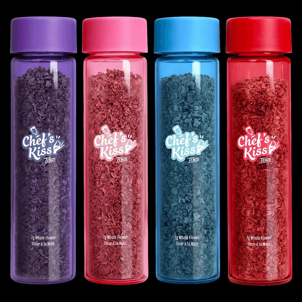 Chef's Kiss by Tenzo four-pack dried flower in purple, pink, blue, and red jars with colored caps, 7g whole flower