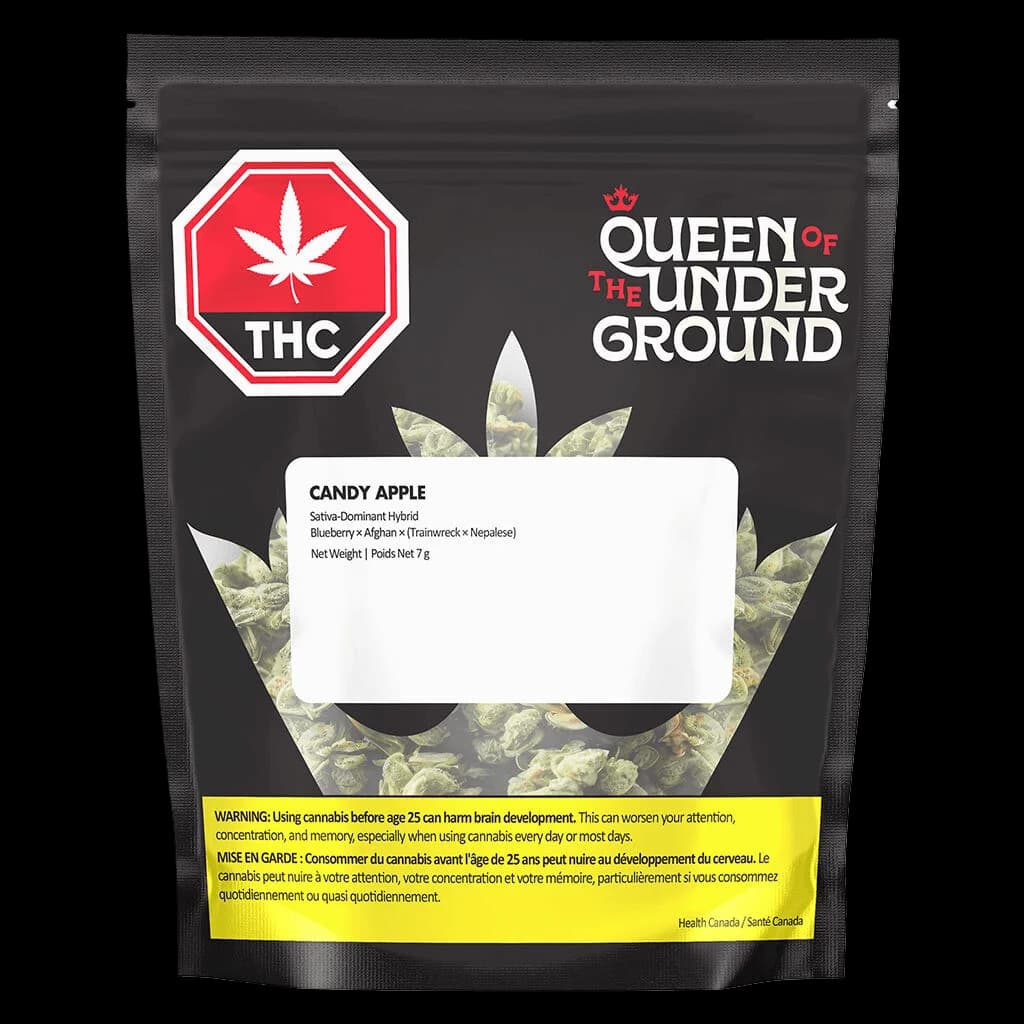 Queen of the Underground Candy Apple 7g dried flower pouch, sativa-dominant hybrid with Blueberry and Afghan genetics