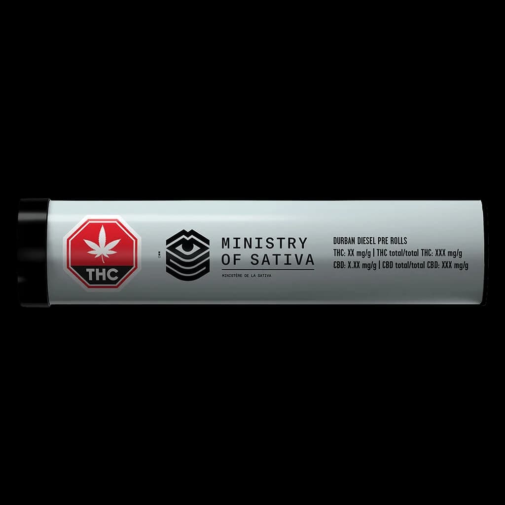 Ministry of Sativa Durban Diesel pre-rolls tube with red THC warning symbol and potency information on silver packaging
