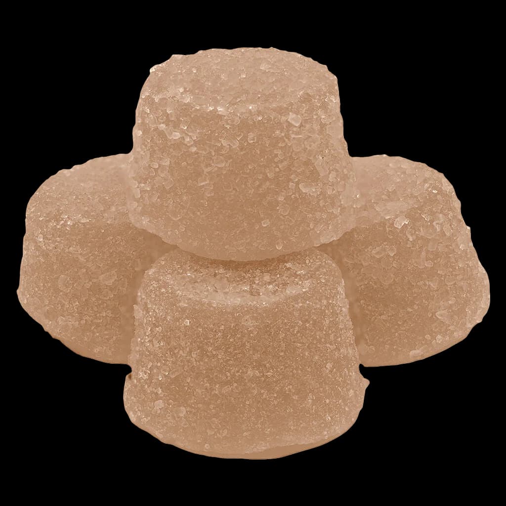 Simply Bare Hollywood Mac Organic Live Rosin cannabis gummies, five tan sugar-coated soft chews