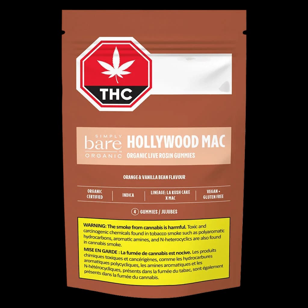 Simply Bare Hollywood Mac organic live rosin gummies package with red THC warning symbol, orange and vanilla bean flavour label, and yellow Health Canada warning on brown pouch