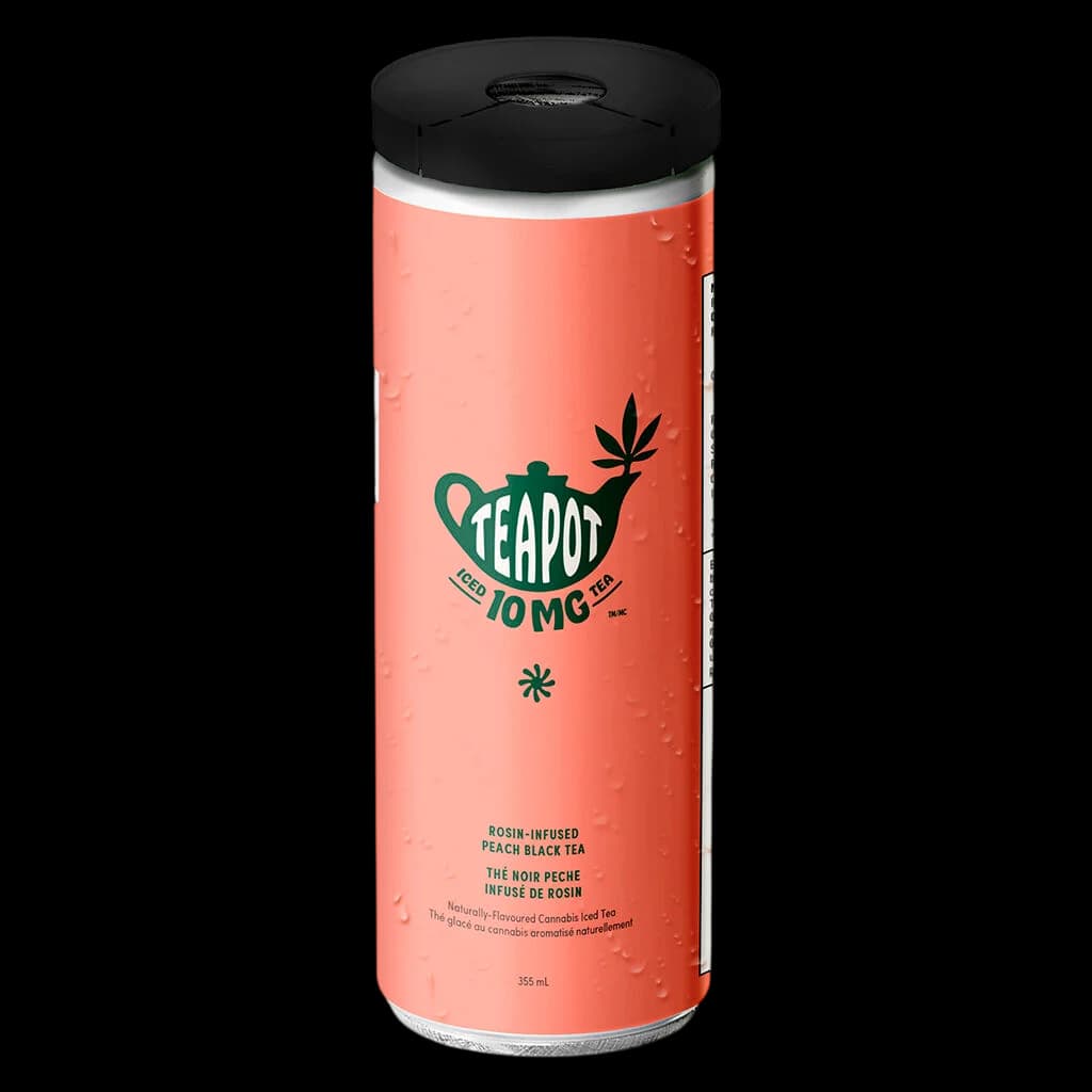 TeaPot Iced 10mg THC rosin-infused peach black tea, 355 mL can with coral packaging and black cap
