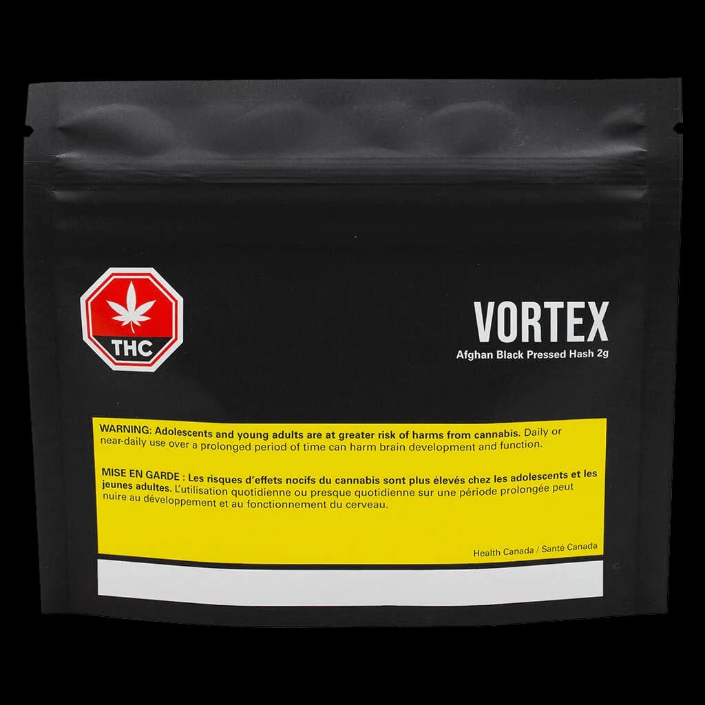 Vortex Afghan Black Pressed Hash 2g package with red THC warning symbol and yellow Health Canada warning label on black pouch