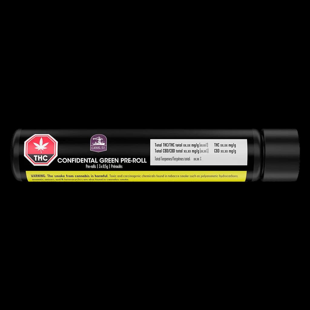 Confidential Green Pre-roll 3x0.5g pack with black tube, red THC badge, Canal St. branding, and Health Canada warning label