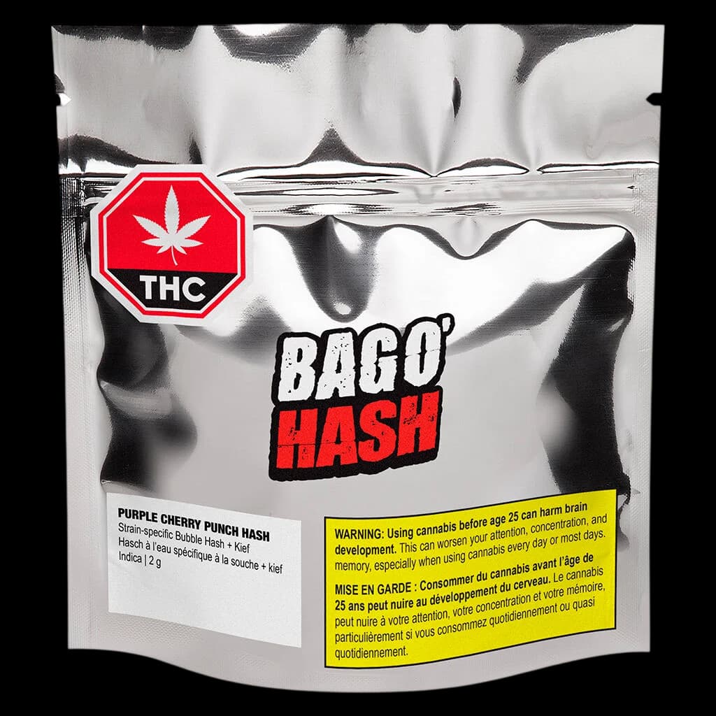 Bago Hash Purple Cherry Punch Hash 2g package front with red THC warning symbol and yellow Health Canada warning label