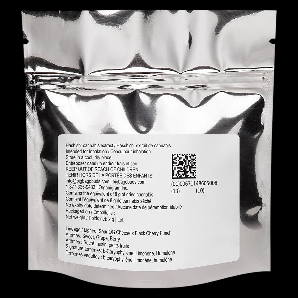 Big Bag O' Buds Sour OG Cheese x Black Cherry Punch cannabis hash, 2g, with bilingual label showing THC content and terpene profile