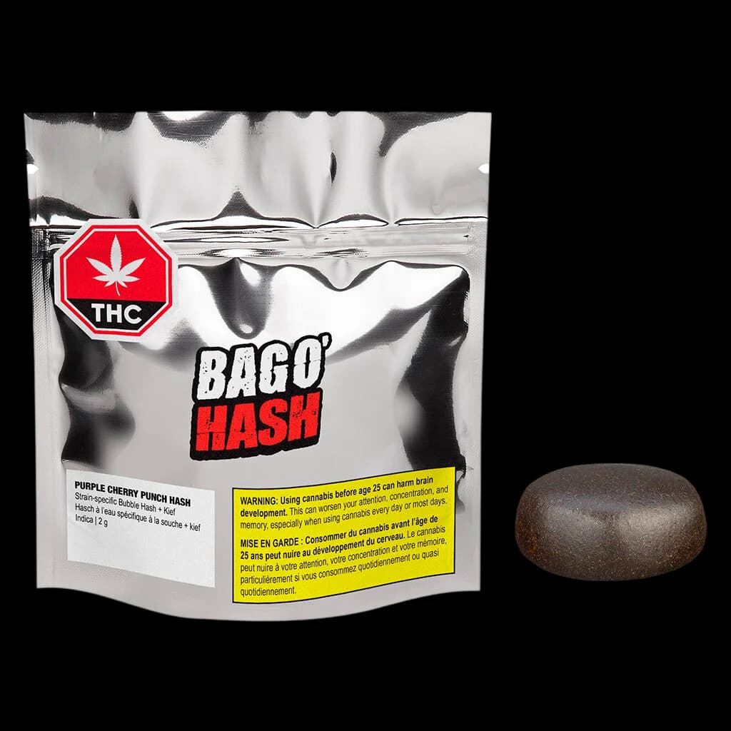 Bago Hash Purple Cherry Punch 2g cannabis hash with packaging showing THC warning label