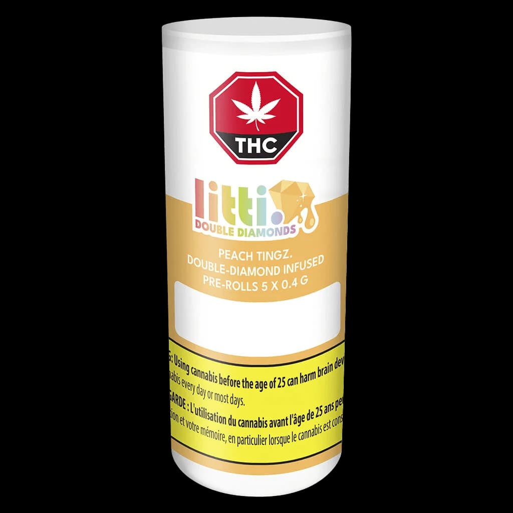 Pré-roulés infusés double diamant Peach Tingz de Litti Double Diamonds, paquet de 5 x 0,4 g avec symbole d'avertissement THC et étiquette de mise en garde de Santé Canada