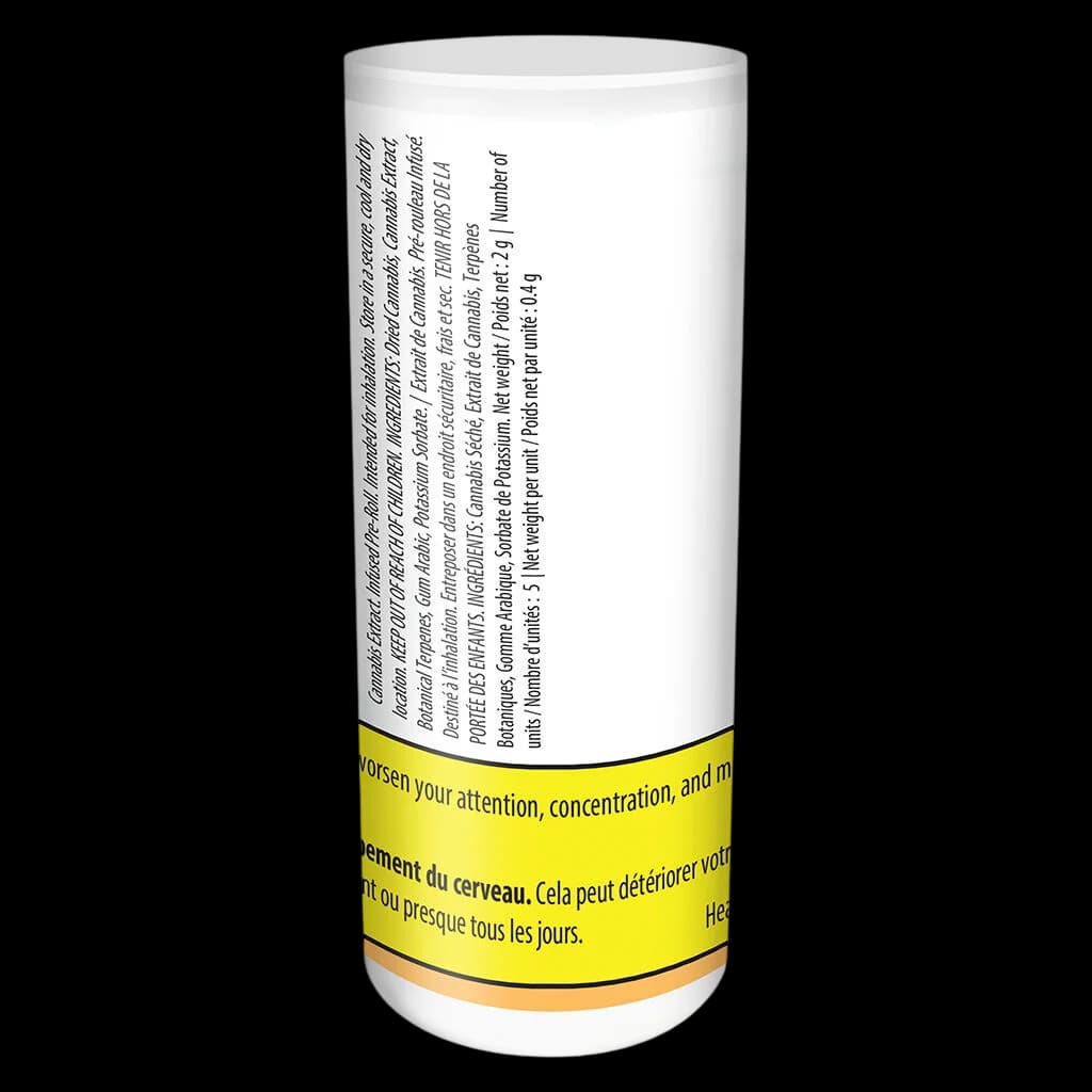 Emballage de pré-roulé infusé Double Diamond Peach Tingz de LITTI avec bande d'avertissement jaune et étiquette d'information sur le produit